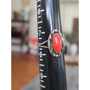 Navajo Sterling Silver Red Coral Ring Signed Vintage Sz 7.5